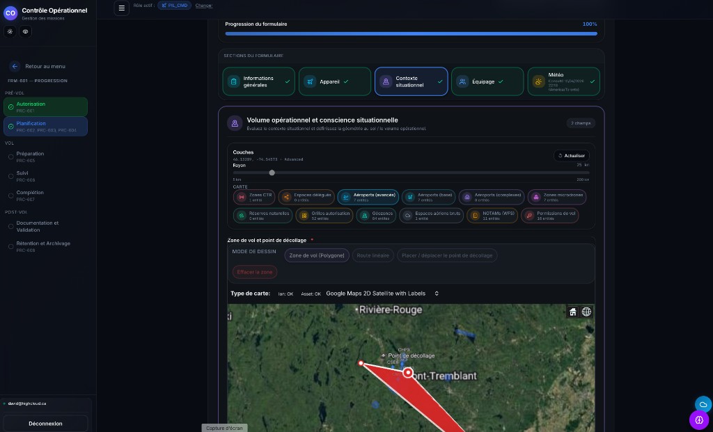 Situational awareness — map, aeronautical layers, and operational volume